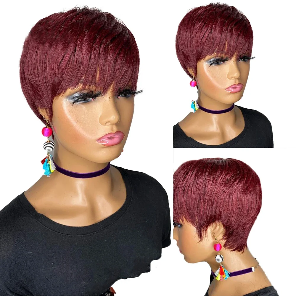 Krátka rovná parochňa Pixie Cut z ľudských vlasov, plne strojovo vyrobená parochňa pre ženy_voghion.com