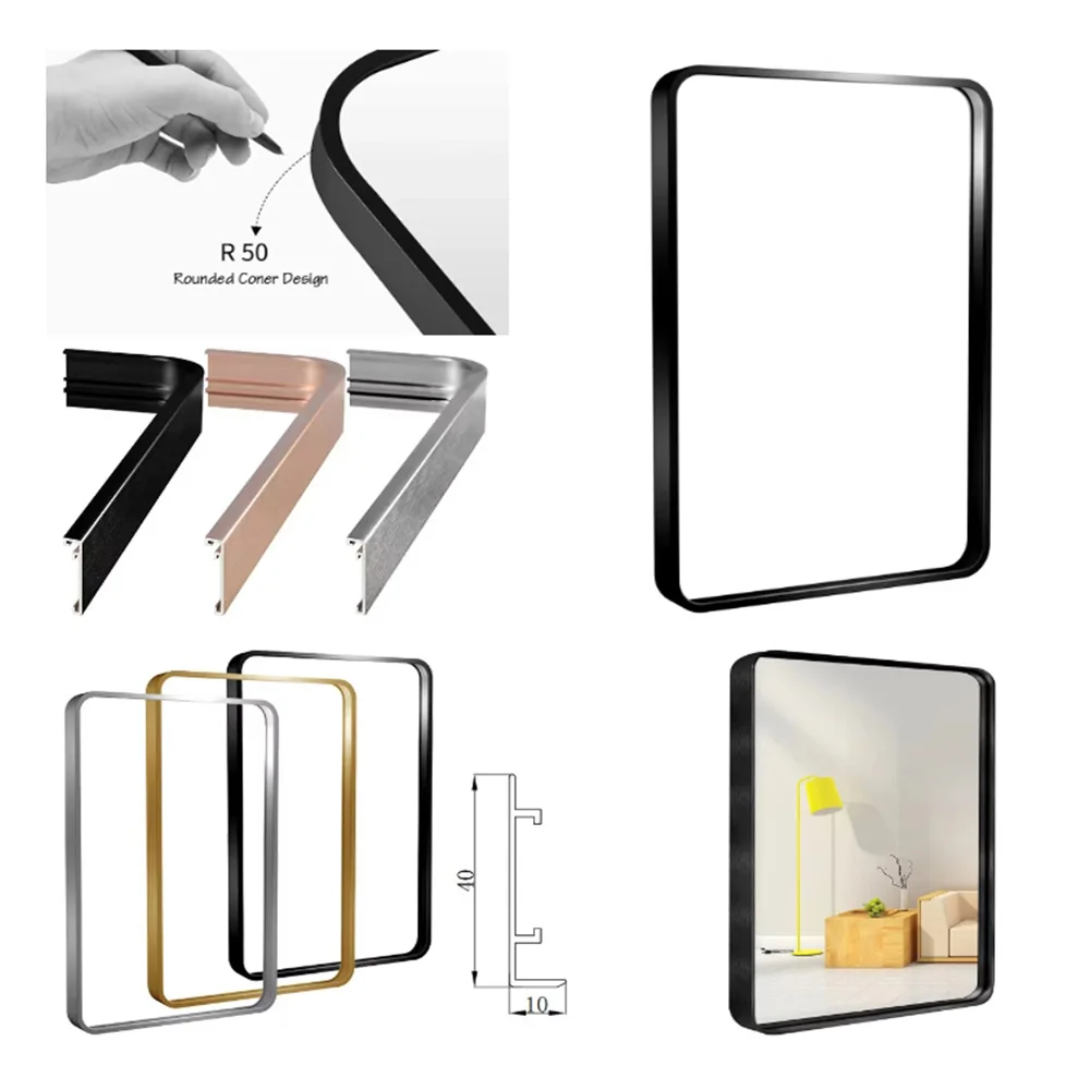 Rounded Corner Rectangular Decorative Aluminum Frame Anodized Mirror Wall Oversized Black Metal Frame