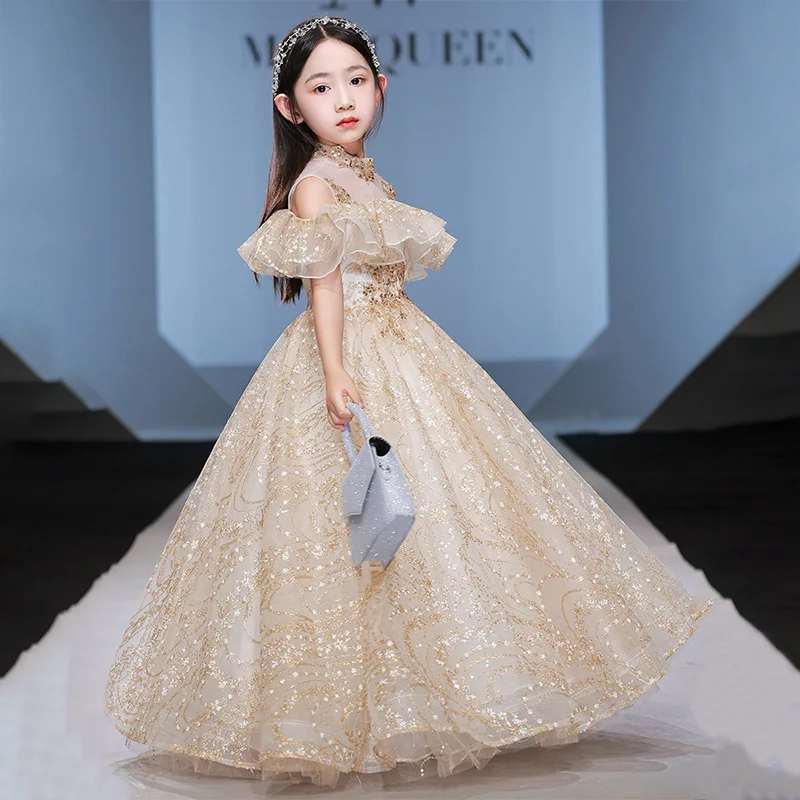 flower girl dress champagne color Champagne Flower Girl Dress Communion Ceremony Wedding Party Open Back Ball Gown Round Neck Sleeveless High Waist Elegant Stage Concert Sum,9Y