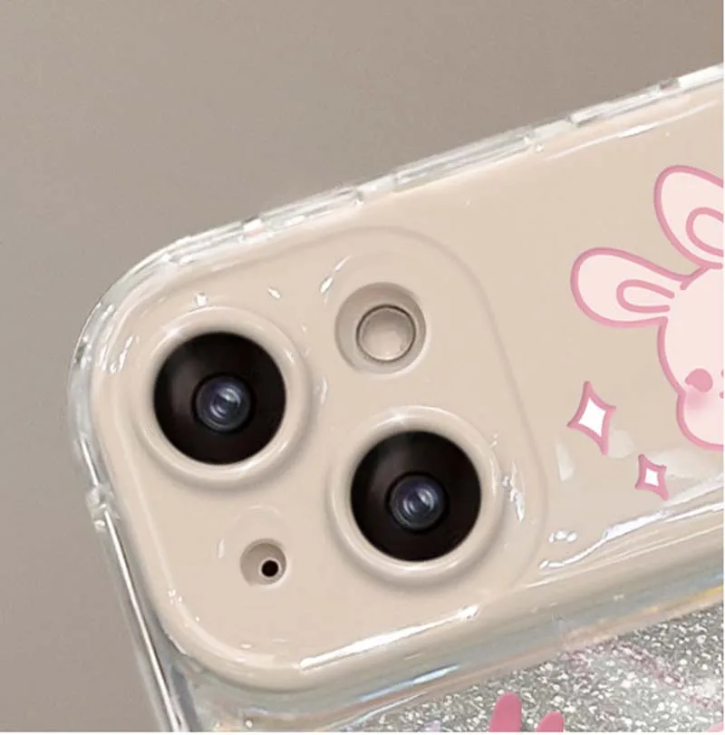 Cute Rabbit Fold Mirror Camera Stand With Bracelet TPU Mobile Phone Cover Case for Iphone 17 8 X Xr Xs 11 12 13 14 15 16 Pro Max