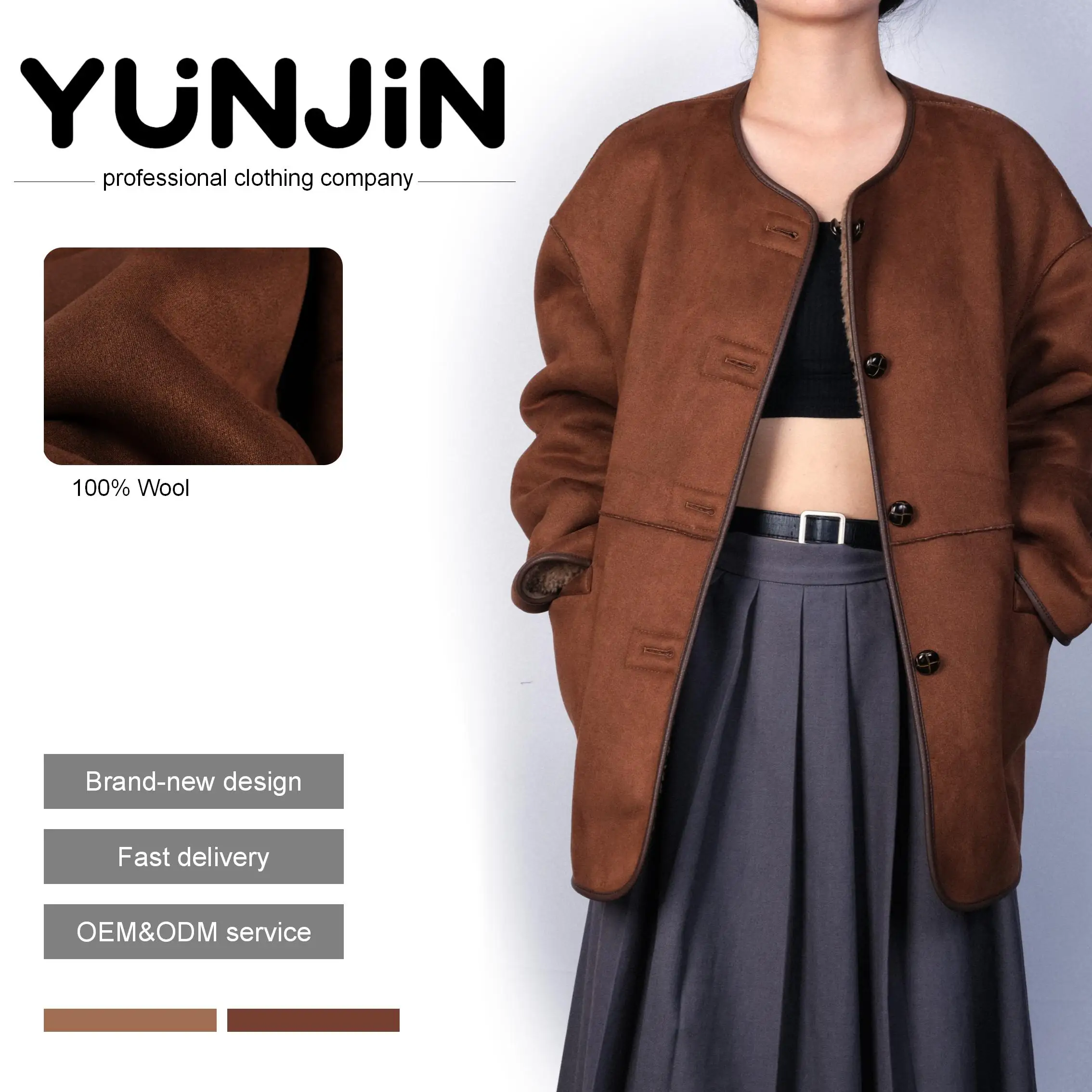 YUNJIN Women's Genuine Wool Fur Coat Warm Brown