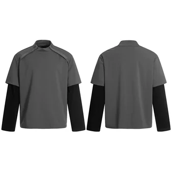 Zewu Unisex Mock Neck Layered Long - Sleeve Top, Gray & Black, Casual Streetwear
