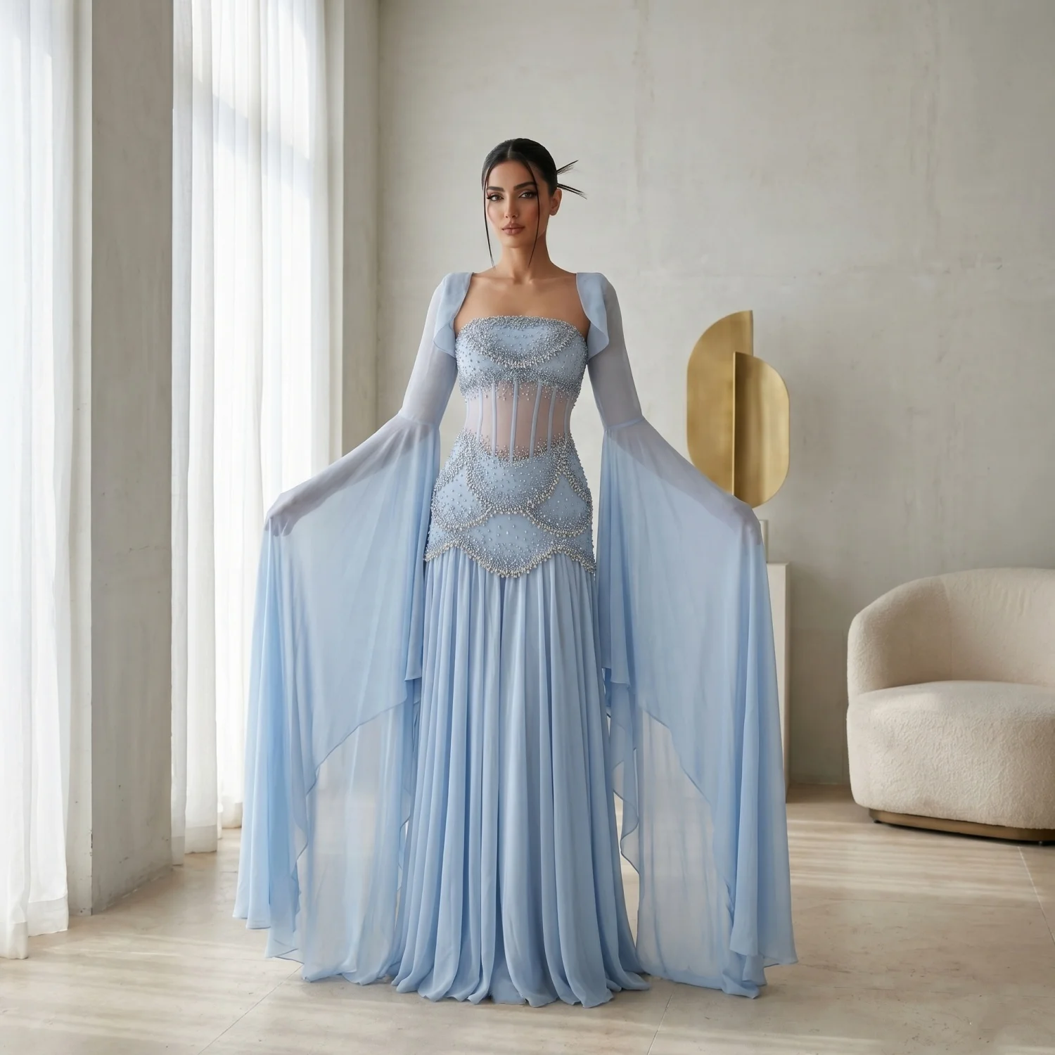 blue prom dress corset top Serene Hill La72978a Chiffon A-line With Long Bell Sleeves Wedding Party Evening Gowns 2026 Waist Size:34 Gucci 2007 Kelly Green Belle wedding gown Sky blue ensuring a comfortable yet