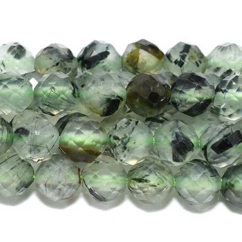 Natural Prehnite With Black Tourmaline Faceted Round Beads 4mm For Jewelry Making