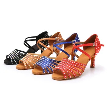Cheaper 5.5cm 7.5cm Latin Dance Shoes for Women with Rhinestone High Heels Ballroom Jazz Social Free Dancing Shoes