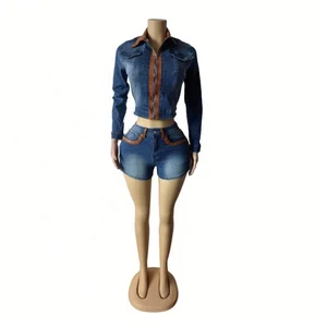 Dropshipping American Size 2026 Jackets Denim Jeans S-2XL Ladies Stretchy Two Piece Shorts Set