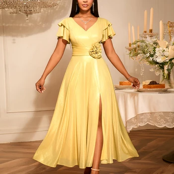 AM050408 Shiny V Neck Short Sleeve Flower Slit a Line Long Gowns Gold Maxi Evening Dress for Women