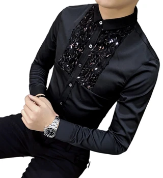 New Fashion Sequin Slim Fit Mens Lace Shirt Long Sleeve Men Dress Shirts Casual Designer Clothes Black White
