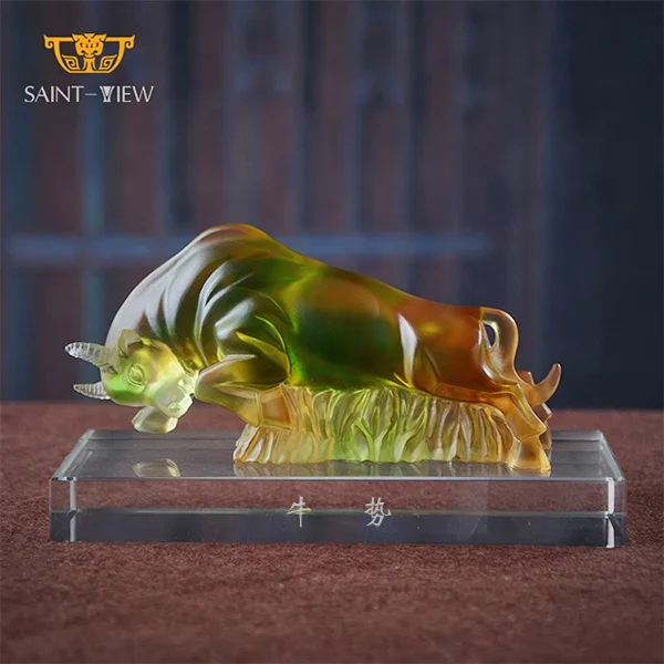 Crystal Glass Art Liuli Bull Ox Statue Business Gift
