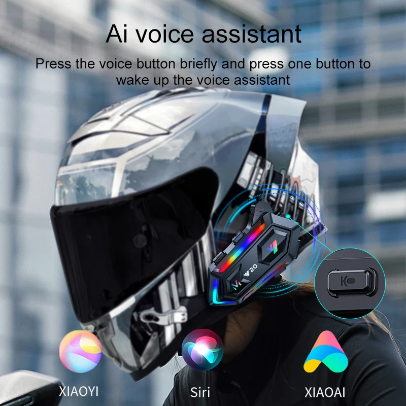 Motorcycle Intercom Headphone Dual Noise Reduction Wireless Helmet IPX6 Waterproof RGB Light Earphone with Microphone