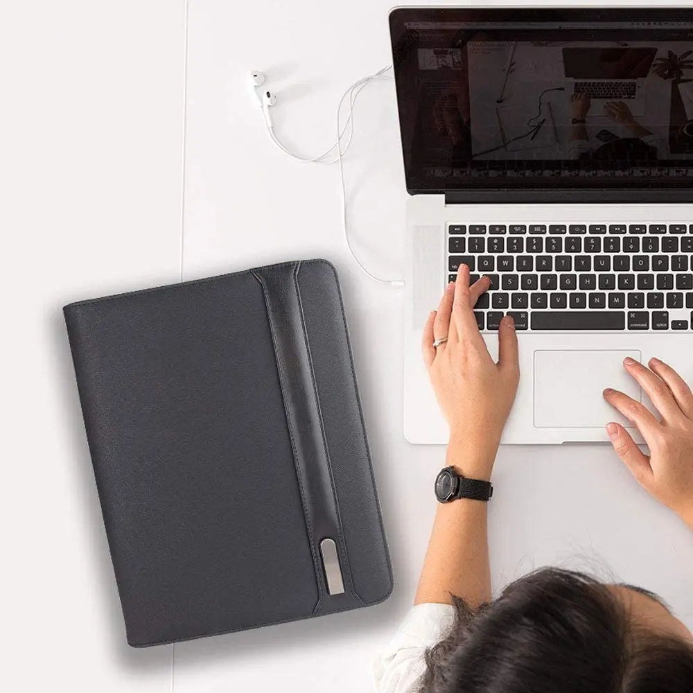 Zippered Padfolio with Card Holders PU Leather Documents Organizer Business Wireless Charging Padfolio Portfolio with Power Bank
