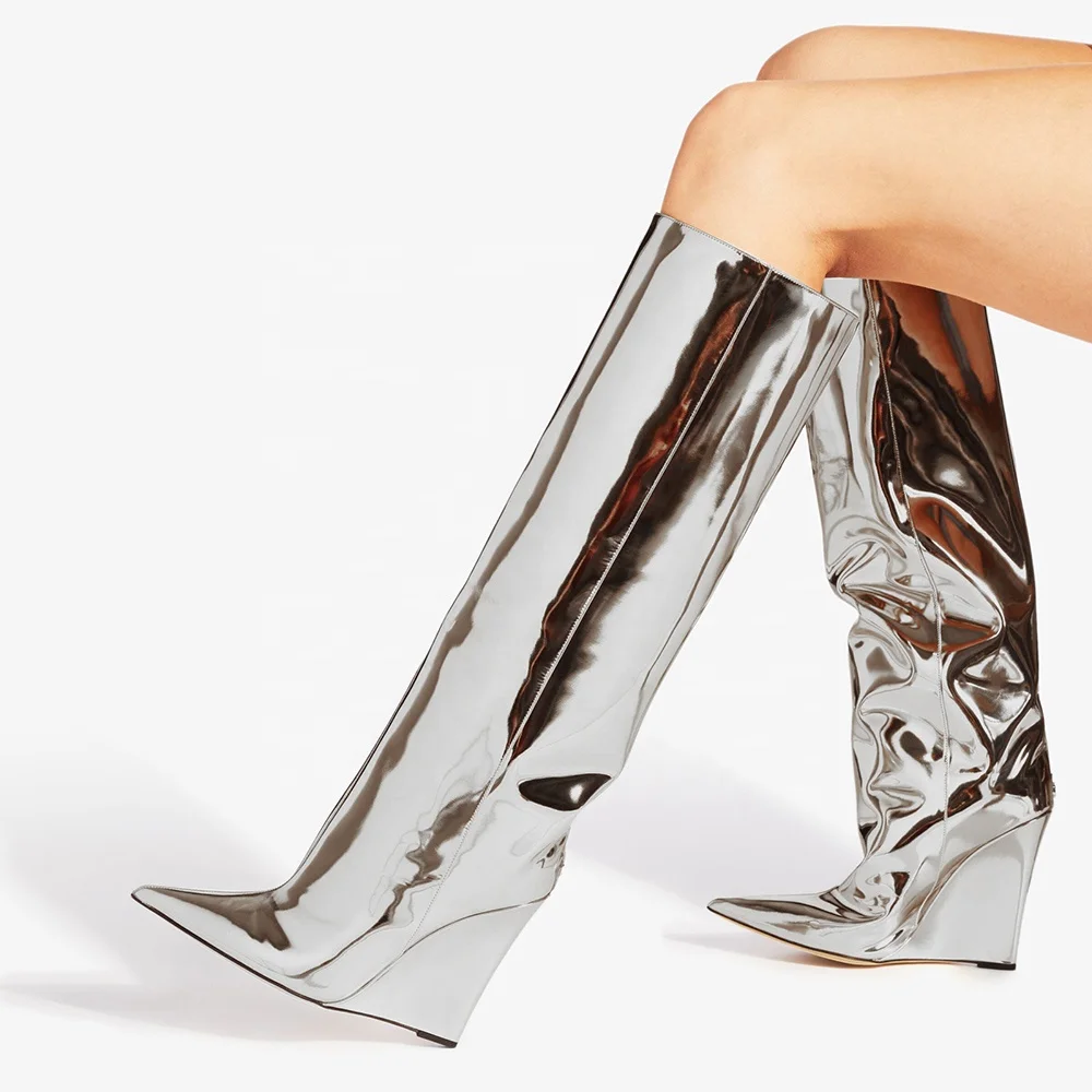 Wedge Boot Heels - Designer Fall Boots in Gold Metallic