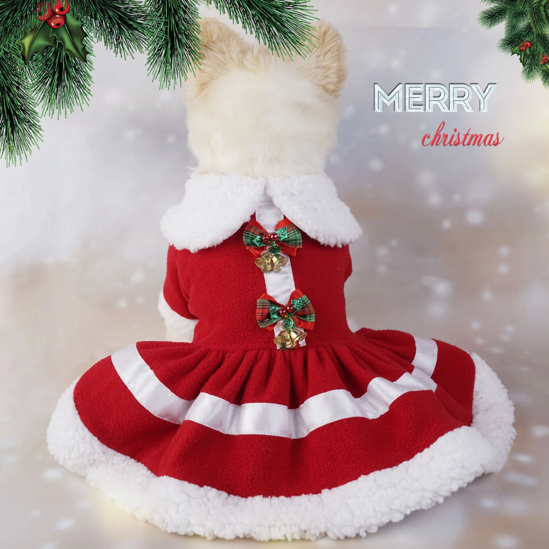 Dog Cat Christmas Outfit Dresses Costume Clothes With Bow Small Bell For Small Large Dogs Cat Halloween Christmas