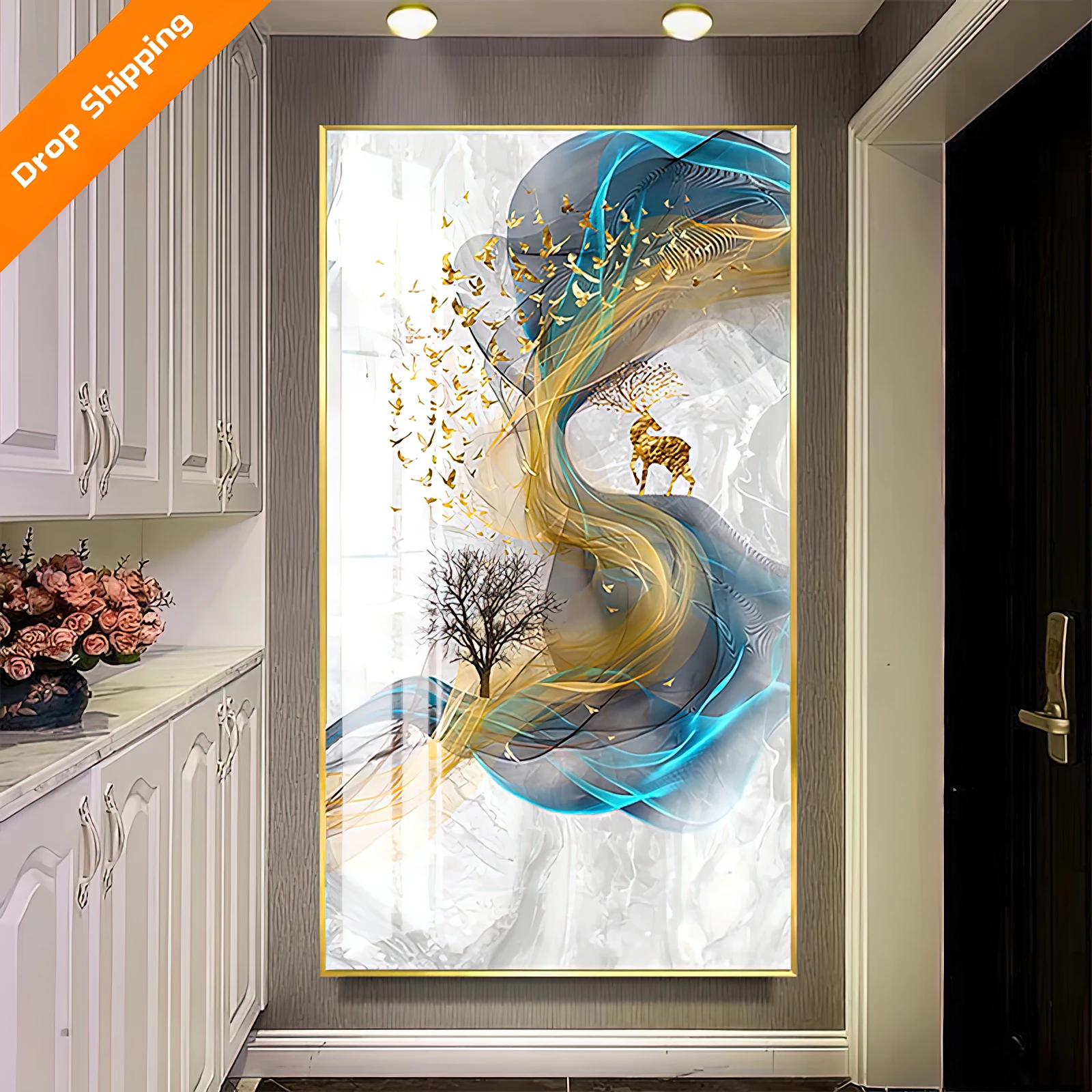 Modern Minimalist Abstract Line Elk Painting Corridor Aisle Nordic Canvas Decorative Canvas Crystal Porcelain Wall Art Painting