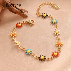 Handmade Colorful Enamel Floral Flower Bangle Bracelet Women Jewelry Stainless Steel Oil Dripping Flower Jewelry