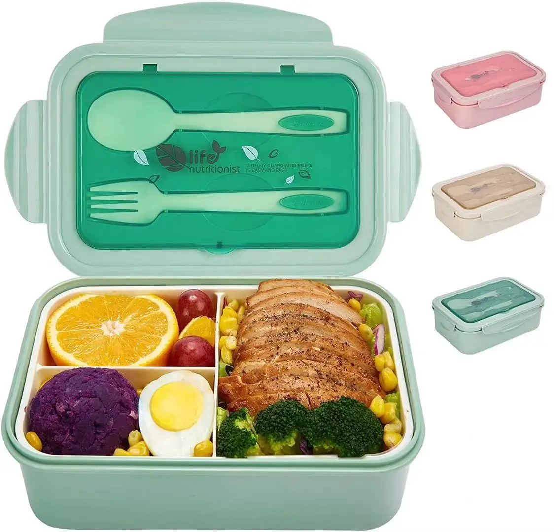 1400 Ml Lunch Box For Children And Adults, Bento Box Lunch Box With 3  Compartments And Cutlery, Snack Box Microwave Heating (khaki)