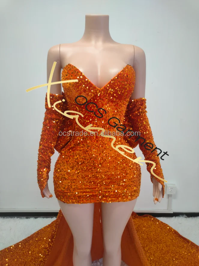 Ocstrade Ball Gown V Neck Long Gloves Sequin Elegant Evening Dresses 2024