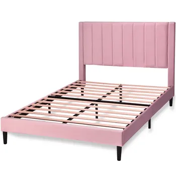 Upholstered Bed Frame With Headboard No Box Spring Needed Pink Bed 