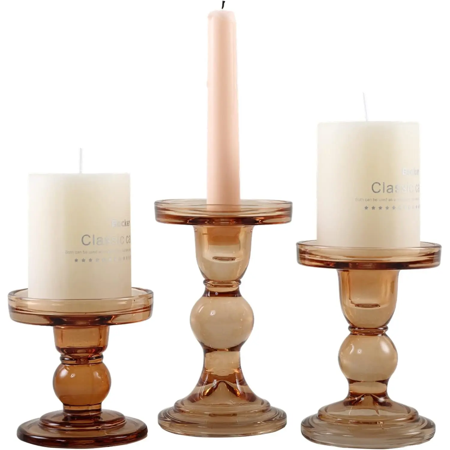 GMWD 3-Piece Modern Glass Candle Holder Set Amber Color Wedding Tabletop Decorations-Pillar Taper Tealight Stand 10x8x4 Inches - Image 2