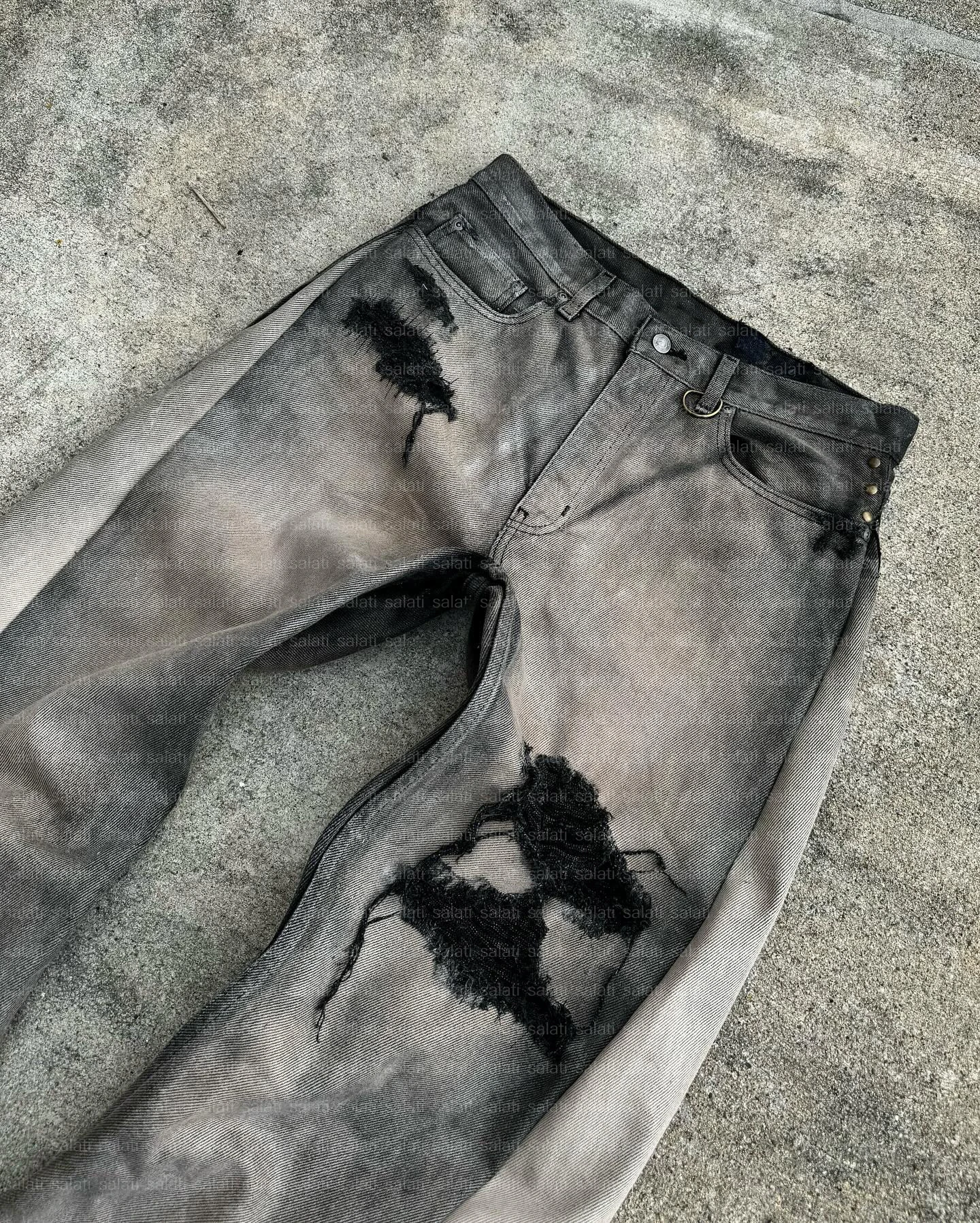 Salati Custom Trousers Manufacturer Designer Wax Patchwork Distressed Wash Vintage Wide Leg Ripped Denim Pants Flared Jeans Men gallery 3