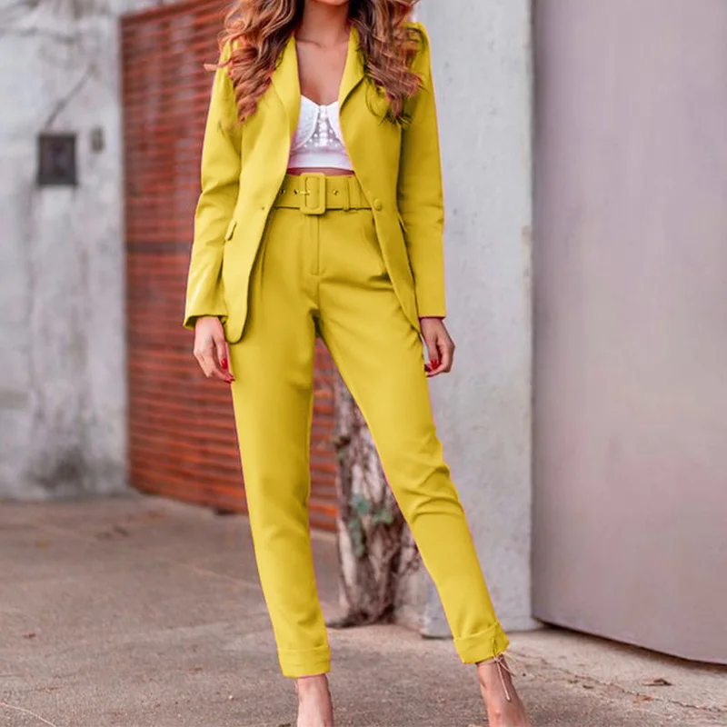 ladies yellow pants suit