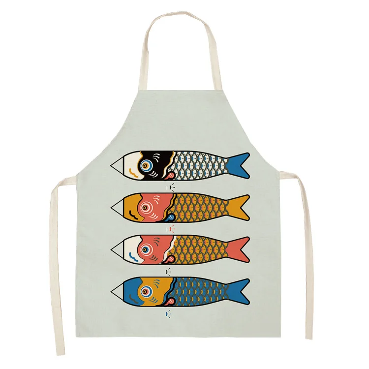 Customized Design Logo Print Children's Durable Cotton Linen Fish Style Print Fabric Sleeveless Kitchen Apron