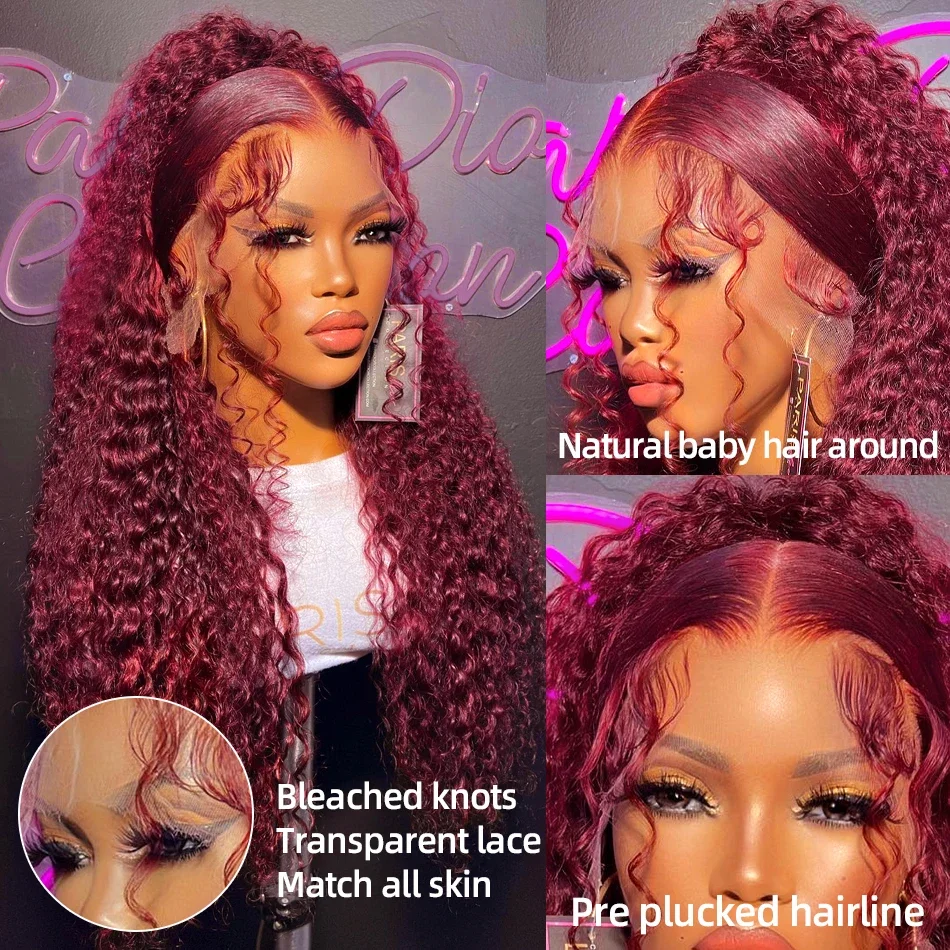 Wasserwelle 99J Burgunderrote Lace-Front-Perücke Transparente tiefe Welle 13x4 Lace-Frontal-Perücke Rot Lockige Farbige Echthaar-Perücken für Frauen_voghion.com