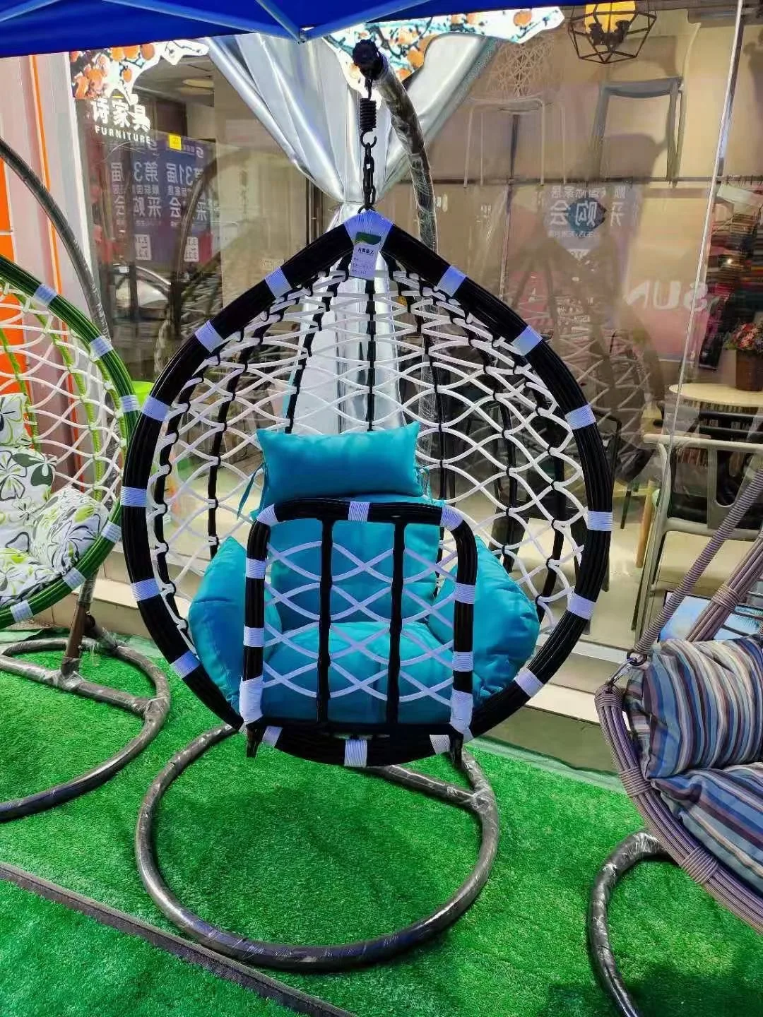 Modern Rattan Hanging Egg Chair With Stand Patio Swings Rocking Basket