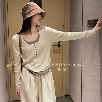 Custom Vintage Women's Two-Long Sleeved Slimming Knitwear Pesudo Right Shoulder Knitted with Front Logo for Summer