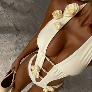 2026 New Popular Women's Sexy Solid Bikinis Halterneck Cut Stereo Flower Pearl Breast Pad OEM Service for One-Piece Swimsuit Set