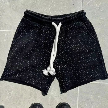 Custom Logo Manufacturer Streetwear Style Shorts Silk Screen Print Stone Acid Wash Sun Faded Rhinestones Shorts for Men
