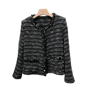 Autumn Winter Women's Fashion Coat Temperament French Black Tweed Round Neck Long Sleeve Woven Short Jacket for Daily