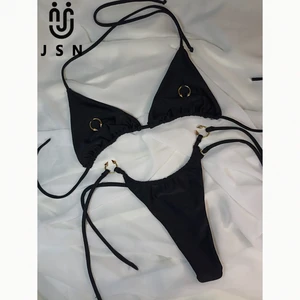 JSN 2026 Customized Women's New Design Halter Solid Two Piece Bikini Set for Women Sexy Backless Low Waist Thongs Bikini