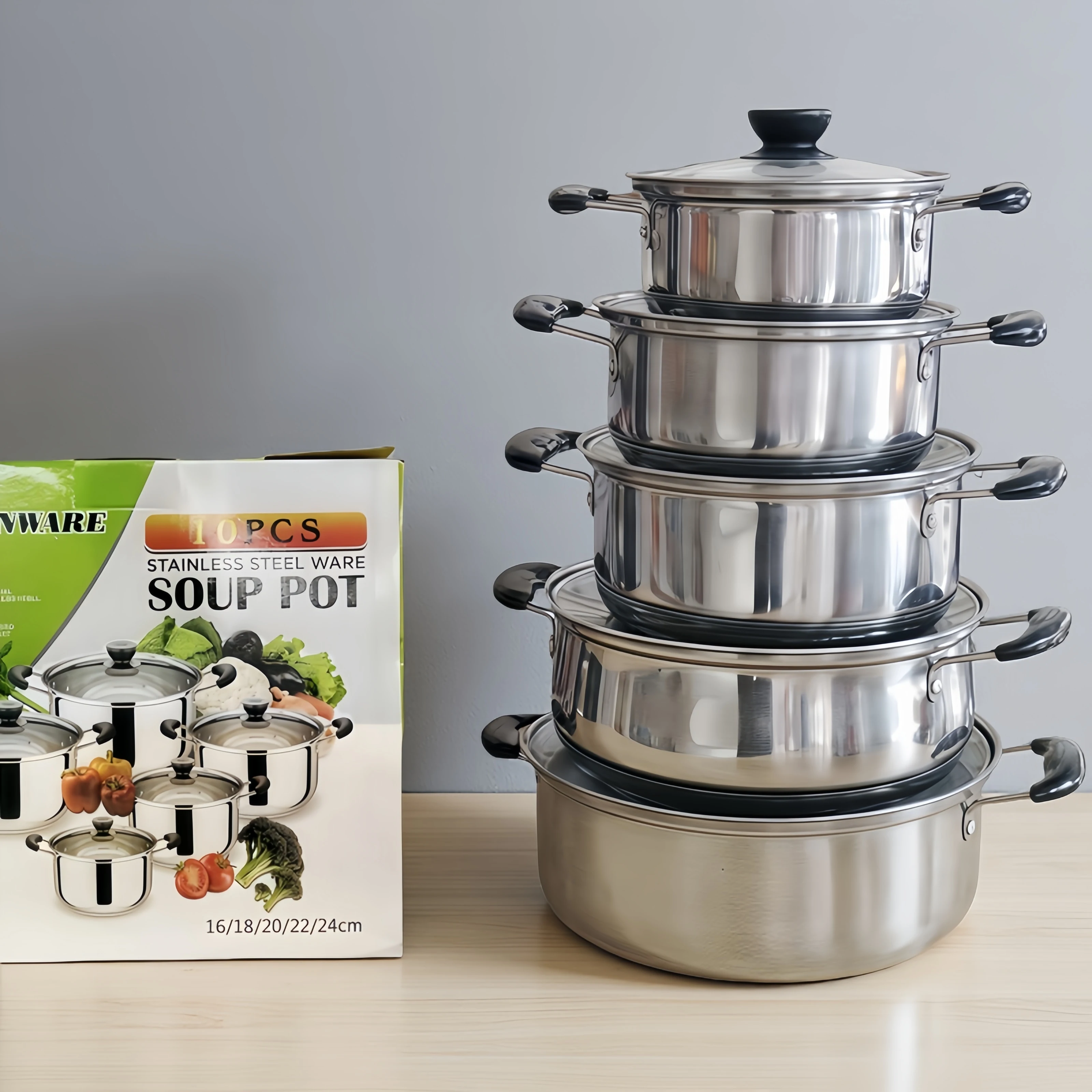 Factory Direct Sales Stainless Steel Kitchenware Soup Pot 10pcs