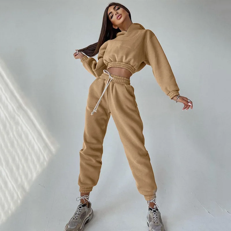 2023 Fall Clothes Long Sleeve short style Hoodie With Jogger Woman Fleece Thick Cotton Sweatsuit Set For Woman