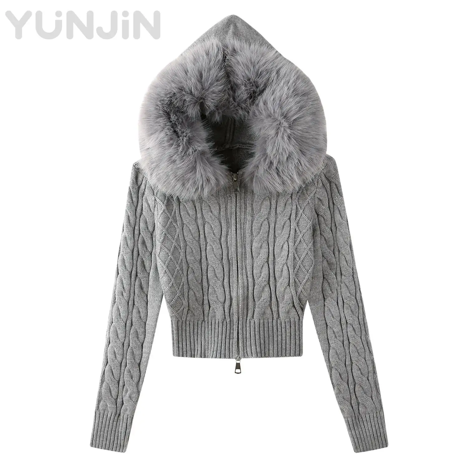 Grey Vintage Classic Fox Fur Trim Hooded Knit