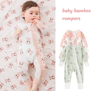 Unisex Custom Printed Bamboo Baby Rompers Breathable Knitted Long Sleeve Baby Clothes With Zipper Closure Western Style Summer
