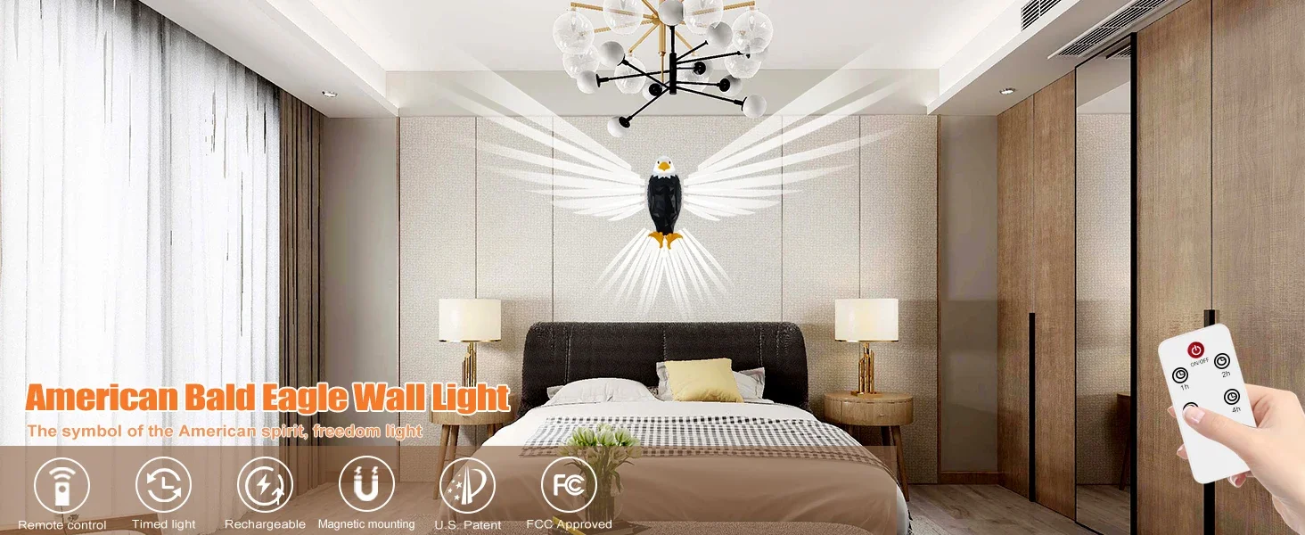 3D Bald Eagle Wall Lamp with Remote Control USB Charging Indoors Atmosphere Lamp Light LED Projector Wings of Light Novelty Gift