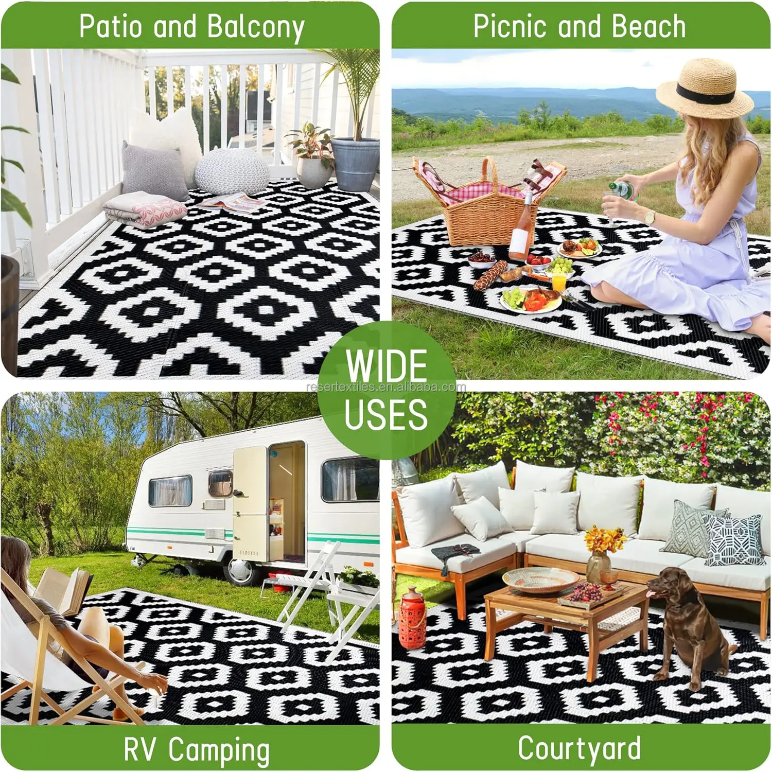Waterproof Foldable Reversible Patio Area Rug for Outdoor RV UV Resistant Eco-Friendly Portable Plastic Mat for Picnic Deck