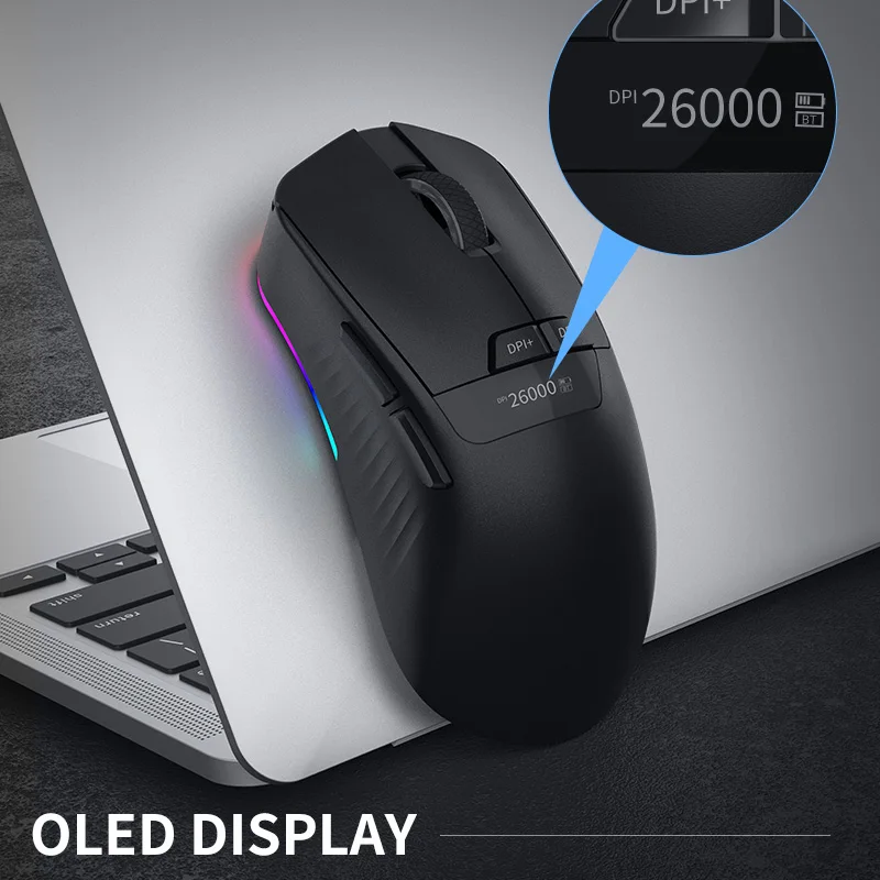 8K Light Weight Gaming Mouse with OLED Screen 26000DPI RechargeabThree Modes 2.4G Wired BT RGB with Software Driver for PCGamer