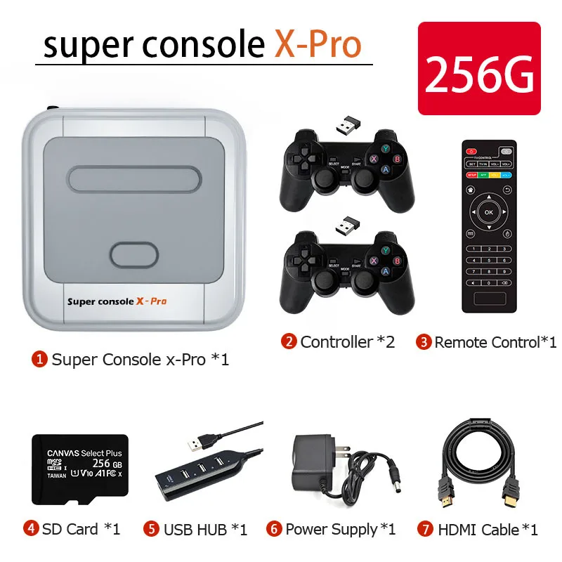 Super Console X PRO Plus, 256 GB Klassieke Mini-gamingsystemen Met 2 Controllers, Ingebouwde 50.000 Games, Compatibel Met 50 Emulators En PSP, PS1, N64, Voor 4K HD/AV-uitvoer Super Console X PRO Plus, 256 GB Klassieke Mini-gamingsystemen Met 2 Controllers, Ingebouwde 50.000 Games, Compatibel Met 50 Emulators En PSP, PS1, N64, Voor 4K HD/AV-uitvoer