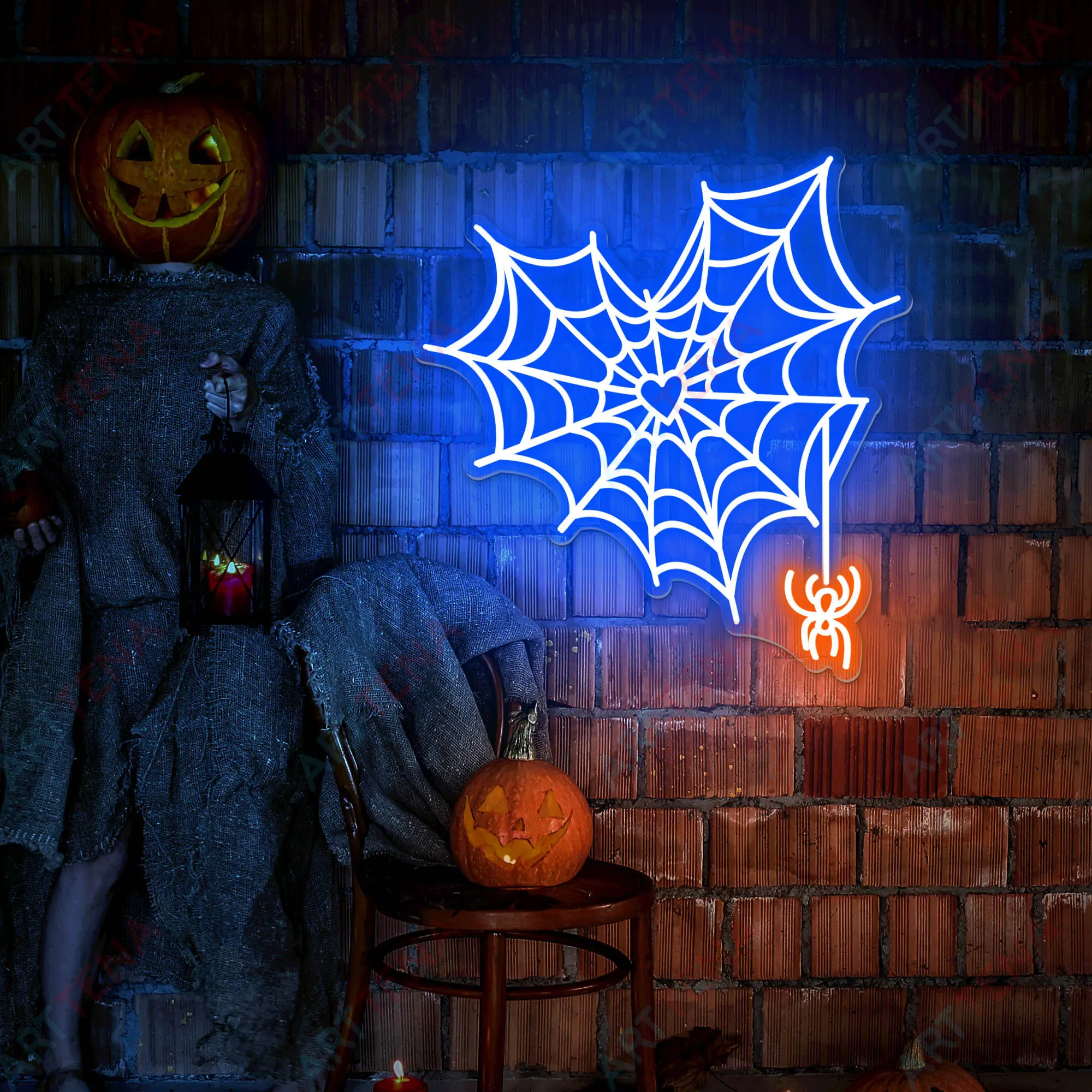スパイダーウェブハートネオンサインハロウィンサイントリックオア
