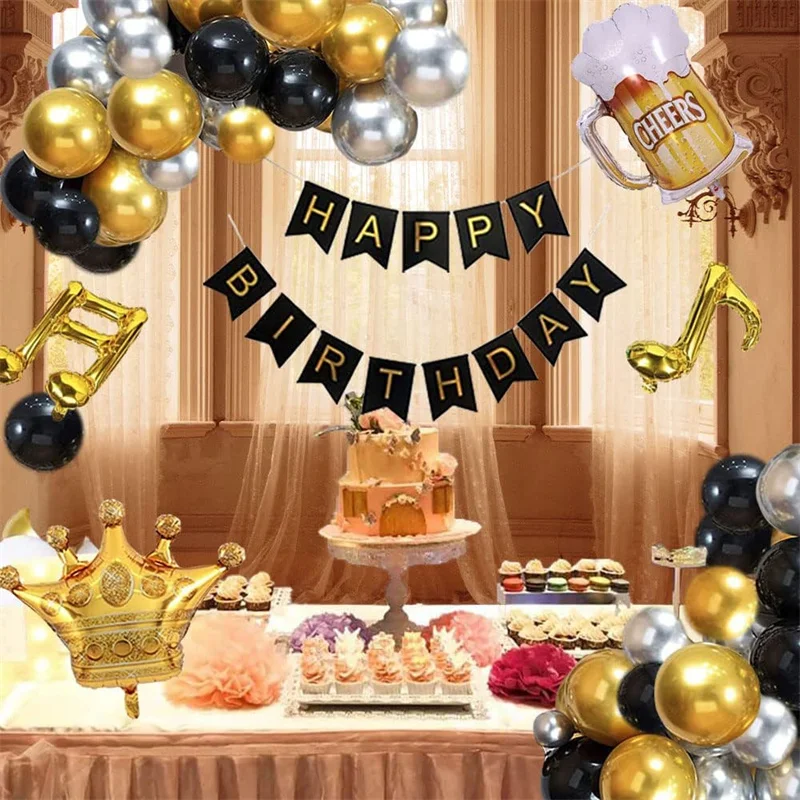 Decorazioni per Feste di Compleanno Nere e Dorate per Uomini Palloncini di Buon Compleanno per Lui con Striscione Tende a Frange Palloncini Birra