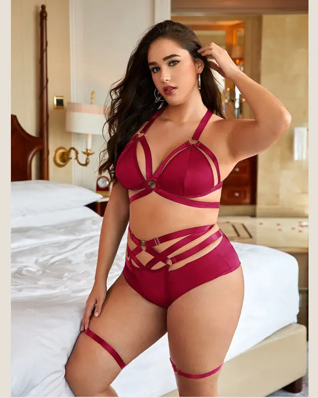 sexy dessous 3xl Spencer Sexy Lingerie Set for Women, 2Pcs Floral Lace Strappy Bralette and  Panty Set for Valentine's Day (2XL/3XL, Red) main image 0