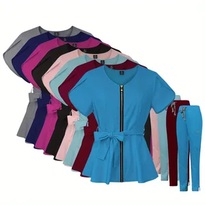 Tie Waist Short Sleeve Zipper Scrub Elastic Pants Set Wide Leg Tennis Scrub Outfits Solid Color Hospital Uniform Medical Outfit