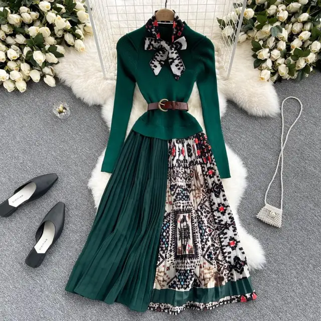 Lady French Knit Patchwork Dress Belt Tie Long Sleeve Print Dress Women Retro Pleat Office Dress