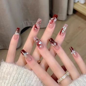 Red Nails ins high-end pure desire style nail patch finished wearable rose design art finger nail salon