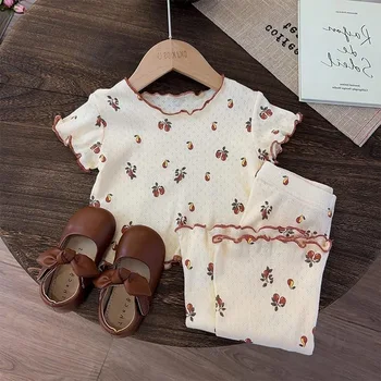 Girls' Summer Korean Version Ruffled Floral Air Conditioning Baby Pajamas Stylish O-Neck Printed for Children Two Piece Set