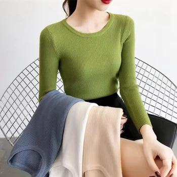 Women's sweater crewneck jumper base top long sleeve solid color spring and autumn knit slim casual sweater