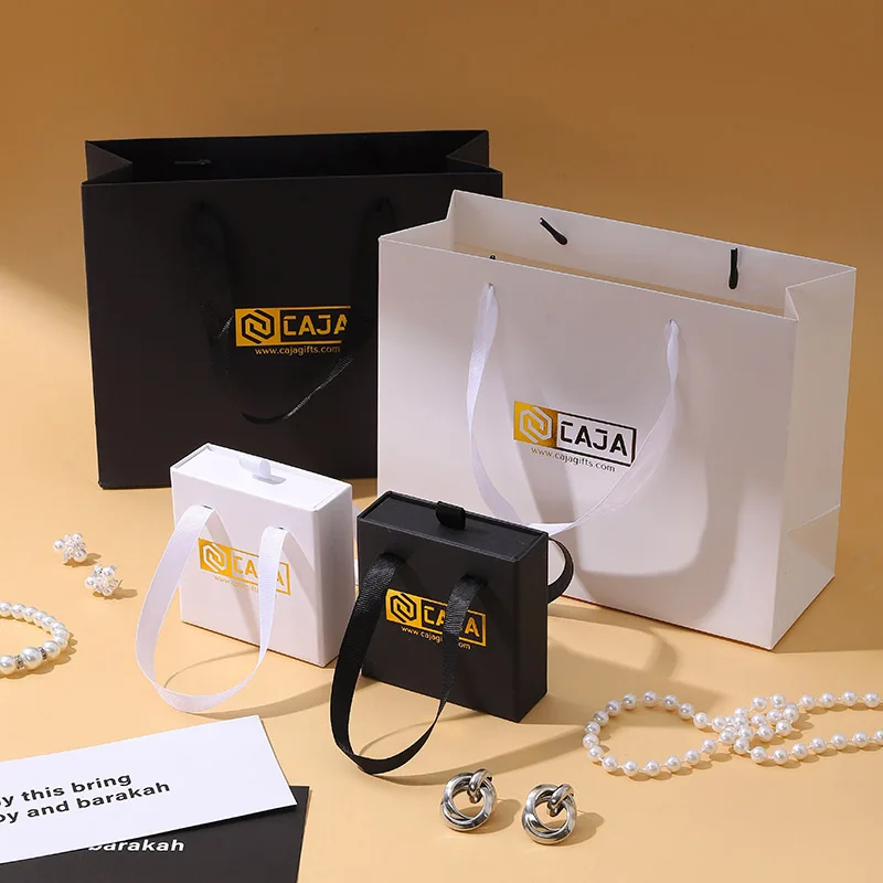 A1 Black Jewelry Packaging Set Canvas Bag Paper Bag Drawer Box Microfiber Bag Customizable Logo Jewelry Storage factory